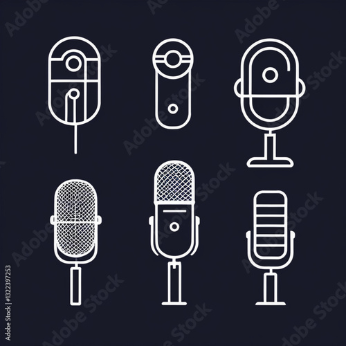 Podcast web icon set. Set of 5 outline icons related to microphone, radio, webcast, audio, video, news 