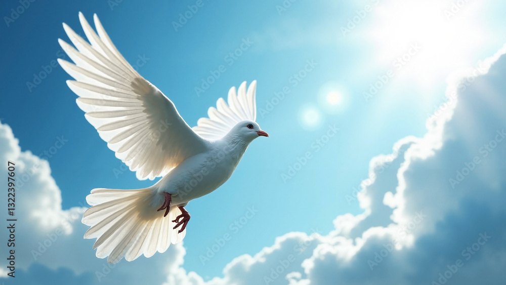 Majestic Flying Dove Soaring Through a Clear Blue Sky - Perfect for Easter-Themed Projects and Marketing Materials Majestic Flying Dove Soaring Through a Clear Blue Sky - Perfect for Easter-Themed Projects and Marketing Materials