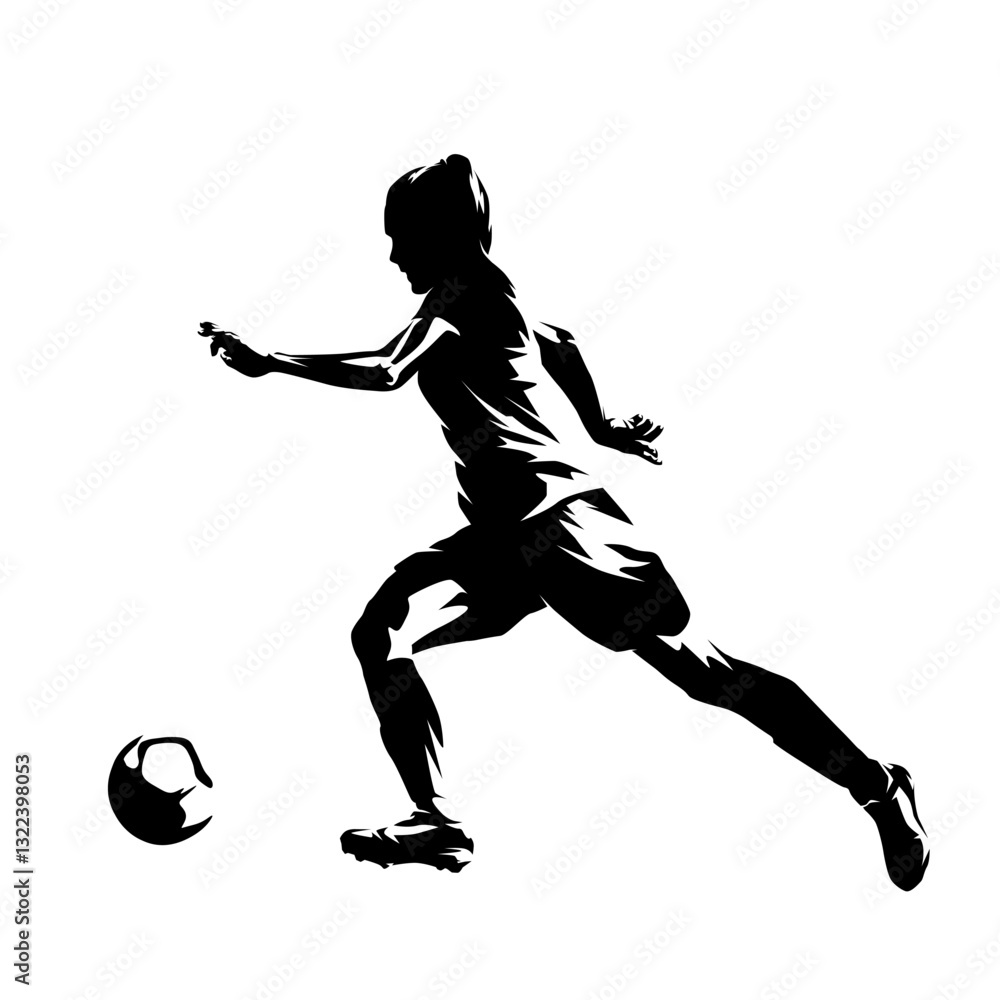 Woman playing soccer, female football player running with ball, isolated vector silhouette, side view