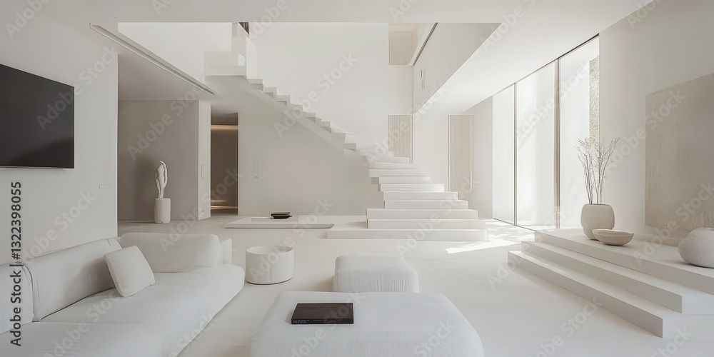 Obraz premium Modern minimalist all white interior living space with staircase feature