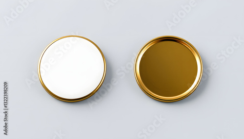Blank white round gold lapel badge mock up, front and back side view, 3d rendering. Empty hard enamel pin mockup. Metal clasp-pin design template. Expensive curcular brooch for logo presentation, st