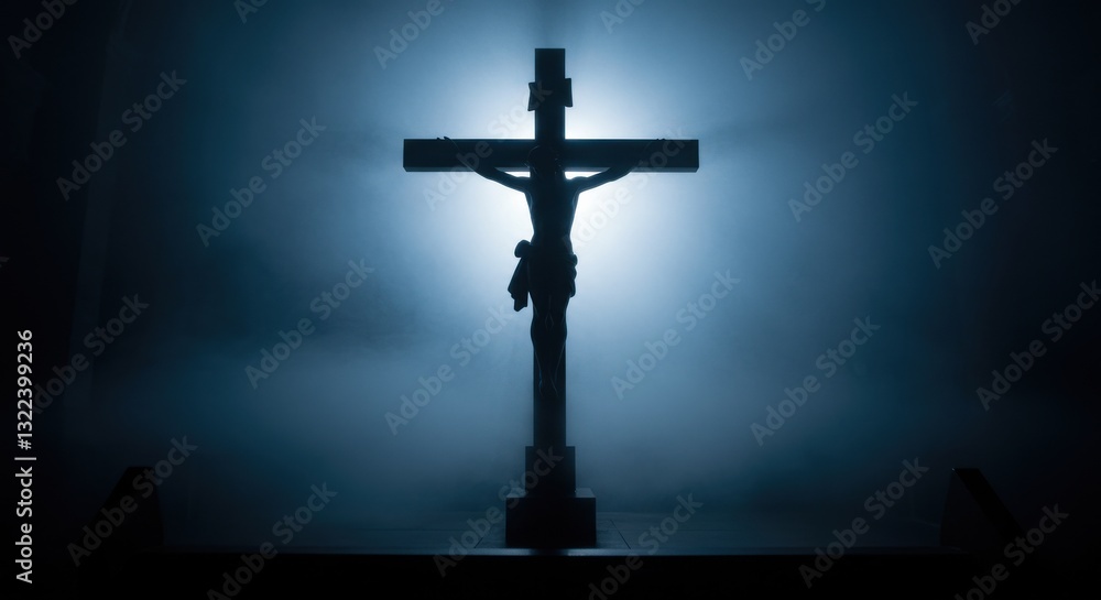 Naklejka premium Good Friday sacrifice. Crucifixion silhouette with dramatic blue mist light and sacred atmosphere in solemn remembrance