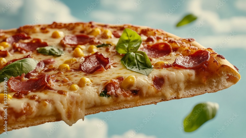 Sky-High Pizza Delight: A single, tantalizing slice of pizza, generously topped with melted cheese, savory pepperoni, golden corn, and fresh basil, seemingly levitates against a bright, inviting sky.