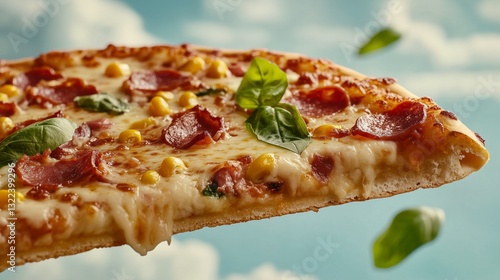 Obraz na płótnie Sky-High Pizza Delight: A single, tantalizing slice of pizza, generously topped with melted cheese, savory pepperoni, golden corn, and fresh basil, seemingly levitates against a bright, inviting sky. w salonie