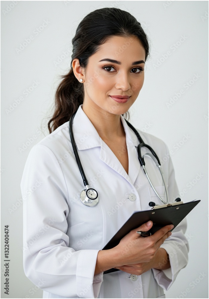a female doctor standing straight holding a clipboard with a confident face to serve patients a female doctor standing straight holding a clipboard with a confident face to serve patients