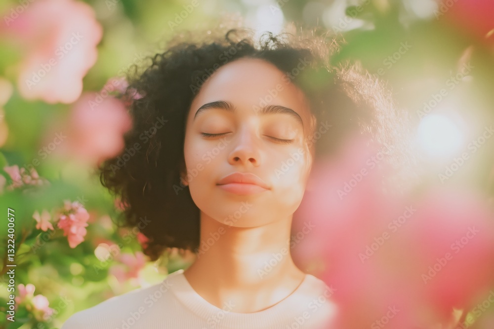 Young woman meditating in a sunlit park, surrounded by fresh greenery and blooming flowers Young woman meditating in a sunlit park, surrounded by fresh greenery and blooming flowers