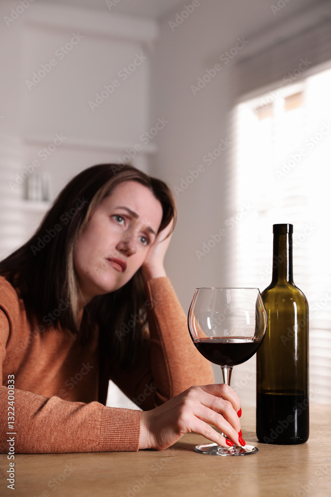 Alcohol addiction. Miserable woman with wine at table indoors, selective focus Alcohol addiction. Miserable woman with wine at table indoors, selective focus