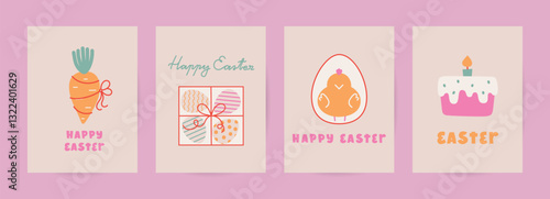 Cute Easster card, banner, sale, invitation tempates. Modern vector postcards posters with carrot, bunny, egg, cake