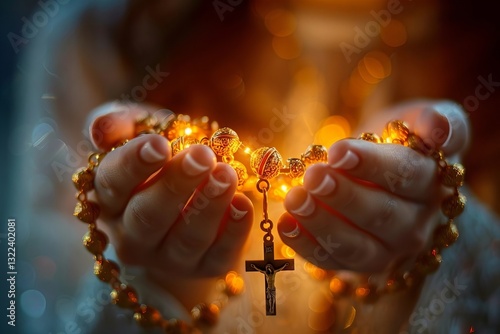 Capturing a serene moment of prayer and reflection with a close-up of hands holding a rosary in soft light