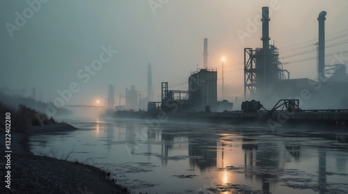 Industrial skyline at dawn with mist rising over the river and machinery silhouetted against the early light