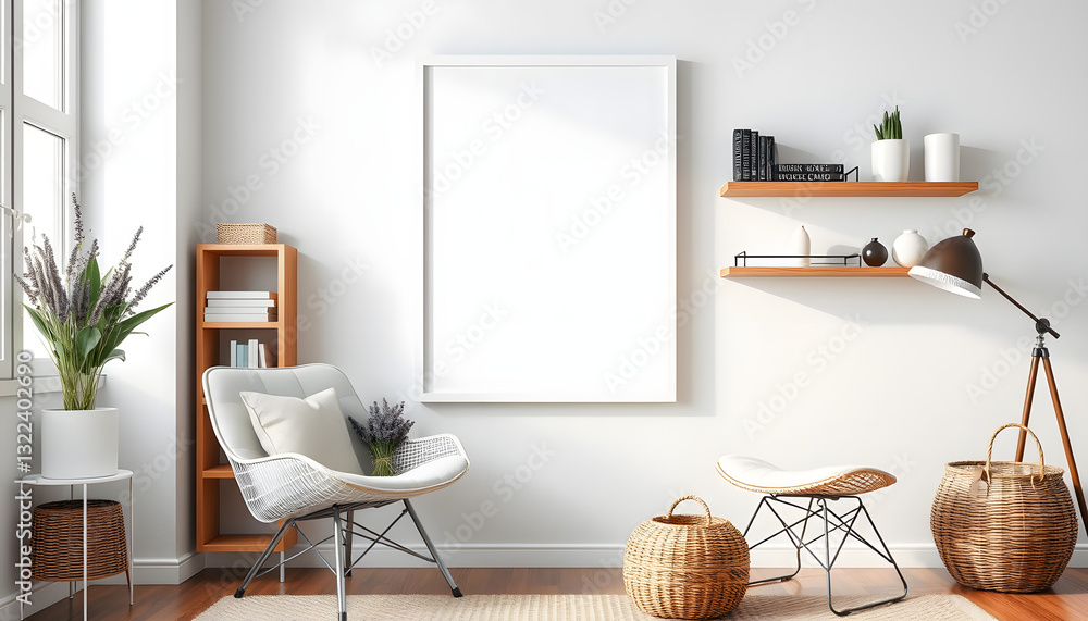 Fototapeta premium Stylish composition of living room interior with white mock up frame, wooden shelf, retro chair, books, lavender in white pot, rattan basket and elegant accessories. Design home decor. Template, Col