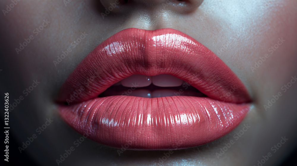 Obraz premium Close-up of glossy lips showcasing a vibrant coral lip color under soft lighting with a smooth texture