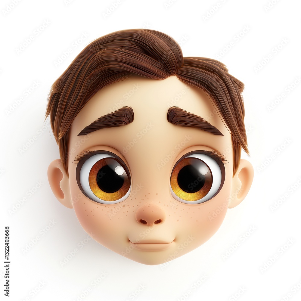 Cute animated boy with expressive eyes and freckles, showcasing a warm smile. Cute animated boy with expressive eyes and freckles, showcasing a warm smile.