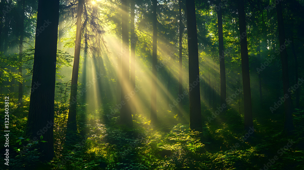 Obraz premium Sunlit Forest: Majestic sunlight pierces through the canopy of a dense forest, creating an ethereal and inspiring atmosphere. The interplay of light and shadow dances across the lush greenery.