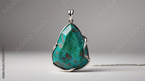 Beautiful turquoise pendant with intricate silver design showcased on a neutral background, perfect for elegant jewelry displays photo