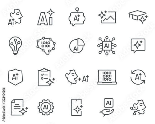Mind and Machine: A collection of fine lines illustrating AI text generation, photo creation, document processing, chat assistants, algorithms, automation, machine vision, and data processing for mode