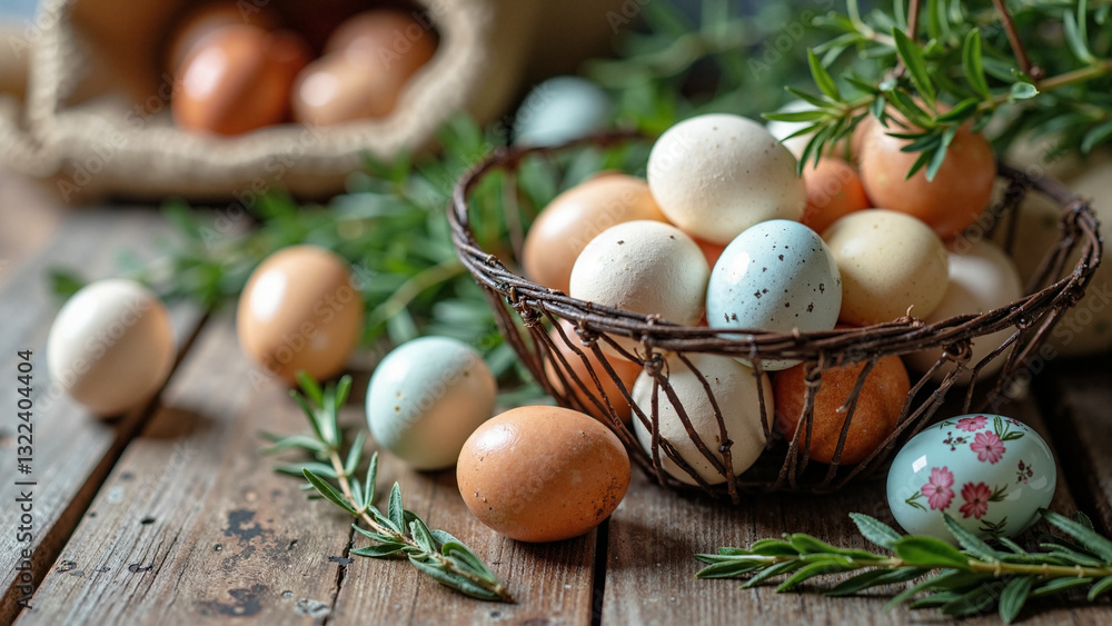 A Rustic Wooden Table with Freshly Harvested Farmers' Eggs and Spring Herbs for Organic Grocery Promotions and Easter Celebrations A Rustic Wooden Table with Freshly Harvested Farmers' Eggs and Spring Herbs for Organic Grocery Promotions and Easter Celebrations
