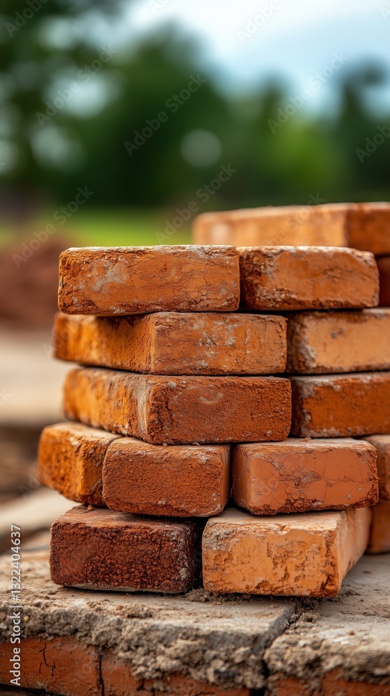 Construction Foundations: A close-up shot showcases a stack of weathered red bricks arranged artfully, highlighting textures and shades. This image portrays raw materials and rustic aesthetics.
