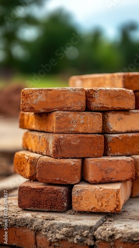 Obraz na płótnie Construction Foundations: A close-up shot showcases a stack of weathered red bricks arranged artfully, highlighting textures and shades. This image portrays raw materials and rustic aesthetics. w salonie