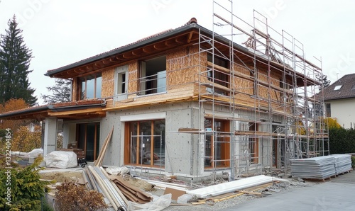 Renovation of a Traditional Home with Reinforced Walls and Second Story Addition, Scaffolding Surrounding House for Reconstruction Works.