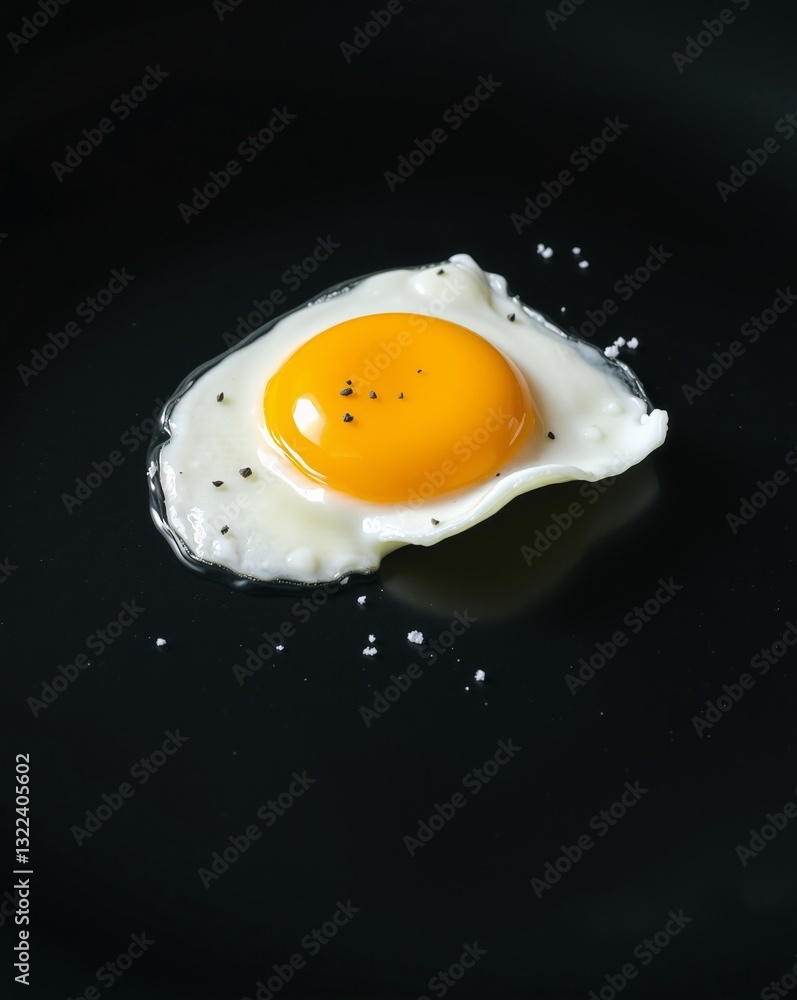 Close-Up of a Perfectly Fried Egg on a Black Plate with Sea Salt and Pepper