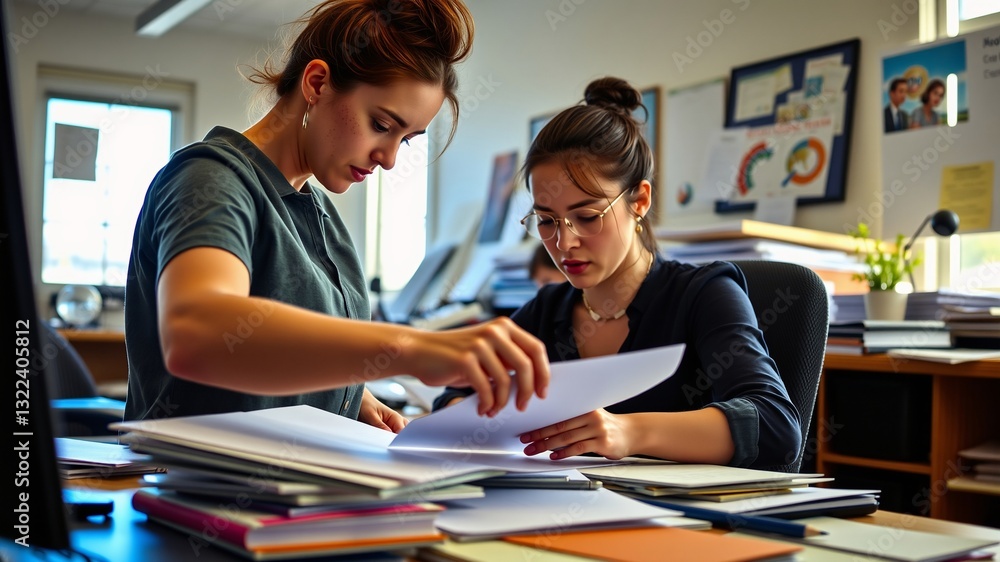 Obraz premium Collaborative Office Environment with Two Women Analyzing Documents