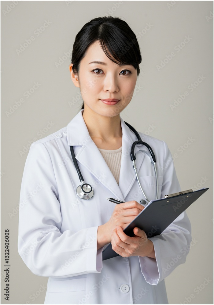 a female doctor standing straight holding a clipboard with a confident face to serve patients a female doctor standing straight holding a clipboard with a confident face to serve patients