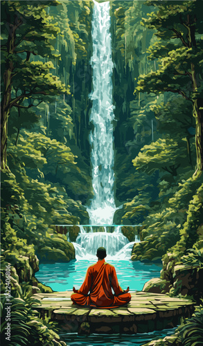 A monk in an orange robe meditates in front of a waterfall. Vector graphics. EPS.