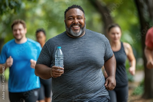A smiling overweight Black man in athletic wear runs outdoors, holding a water bottle. A group of people jogs behind him in a park, promoting fitness and wellness.
