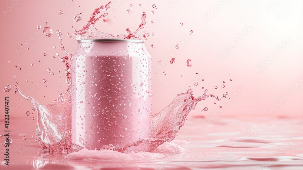Pink aluminum can splashing in pink liquid. Pink aluminum can splashing in pink liquid.