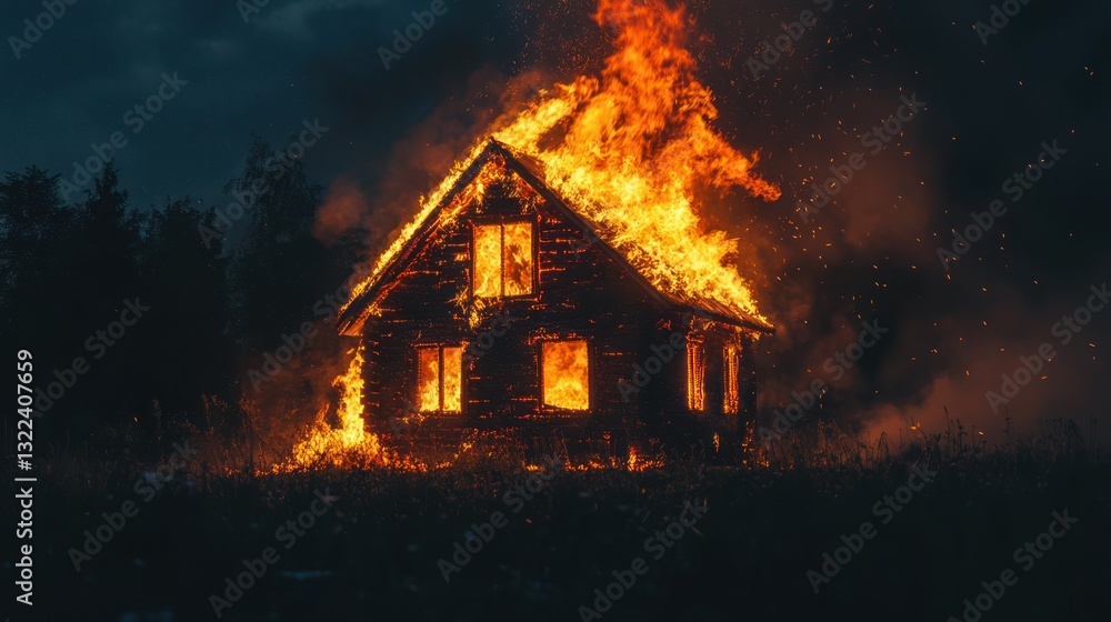 Burning wooden house engulfed in flames at night. Burning wooden house engulfed in flames at night.