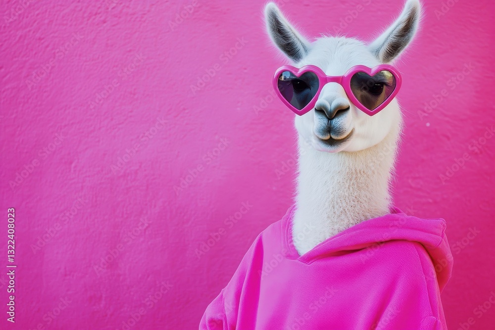 Fototapeta premium A relaxed llama sports a neon pink hoodie and heart-shaped sunglasses