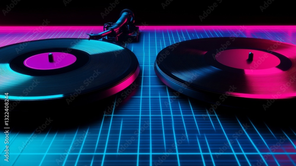 Fototapeta premium Colorful turntables with neon lighting creating an energetic atmosphere for music mixing