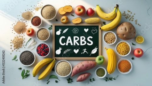 Fototapeta Naklejka Na Ścianę i Meble -  Power Carbs: A Top-View Panorama of Nutrient-Rich Carbohydrate Sources for Energy & Wellness