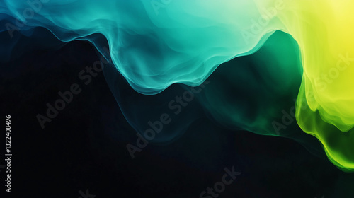Abstract background with flowing gradients of dark blue, teal, green, and yellow, creating a smooth, smoky effect on a dark backdrop. Perfect for backdrops, artistic visuals, and modern design work
