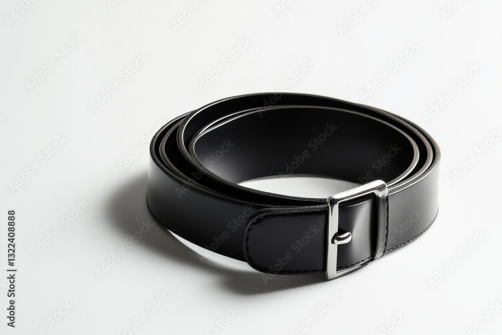 Sleek matte black leather belt with polished silver buckle on white Sleek matte black leather belt with polished silver buckle on white