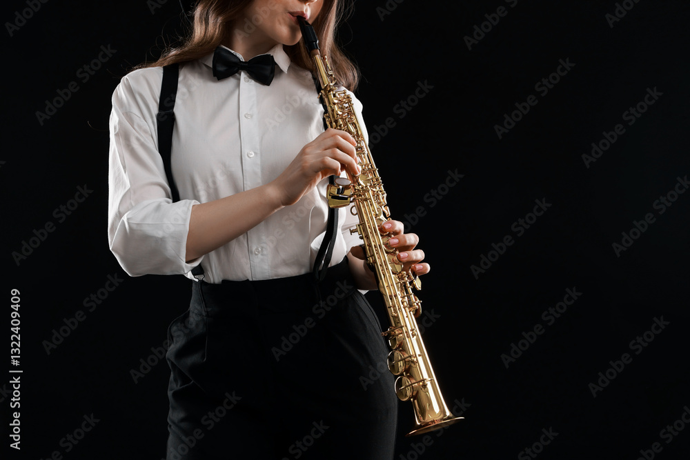 Naklejka premium Musician playing soprano saxophone on dark background, closeup