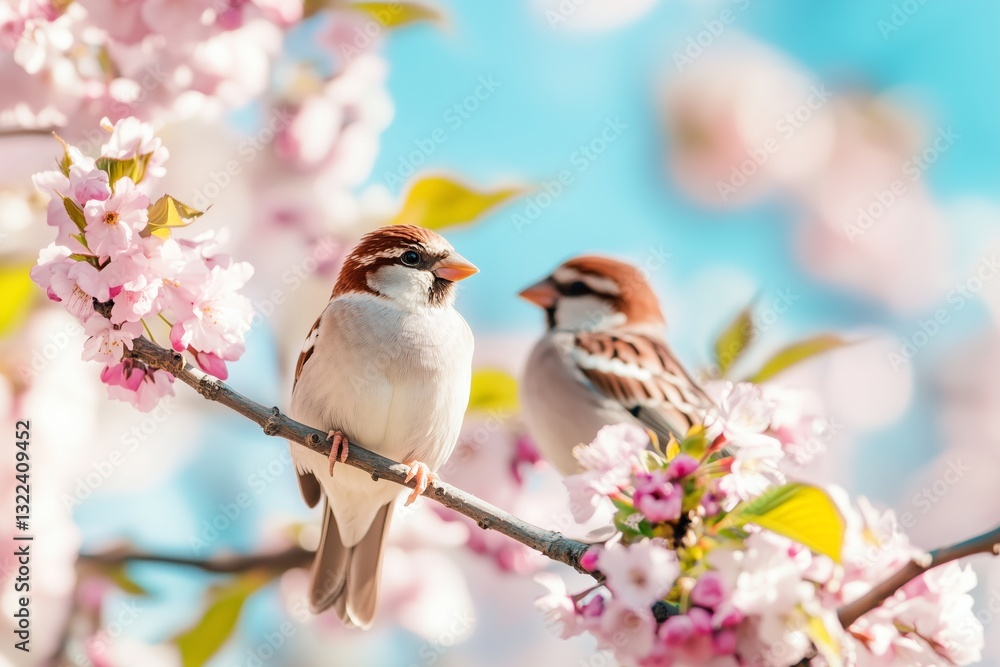 Fototapeta premium world sparrow day March 20 cute sparrows sitting on a blooming cherry branch, sunny