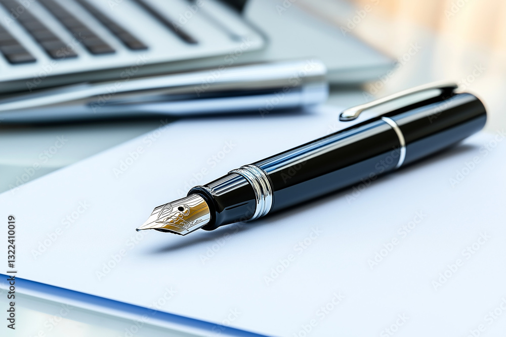 Elegant fountain pen on blank paper with laptop and pen in the background and copy space Elegant fountain pen on blank paper with laptop and pen in the background and copy space
