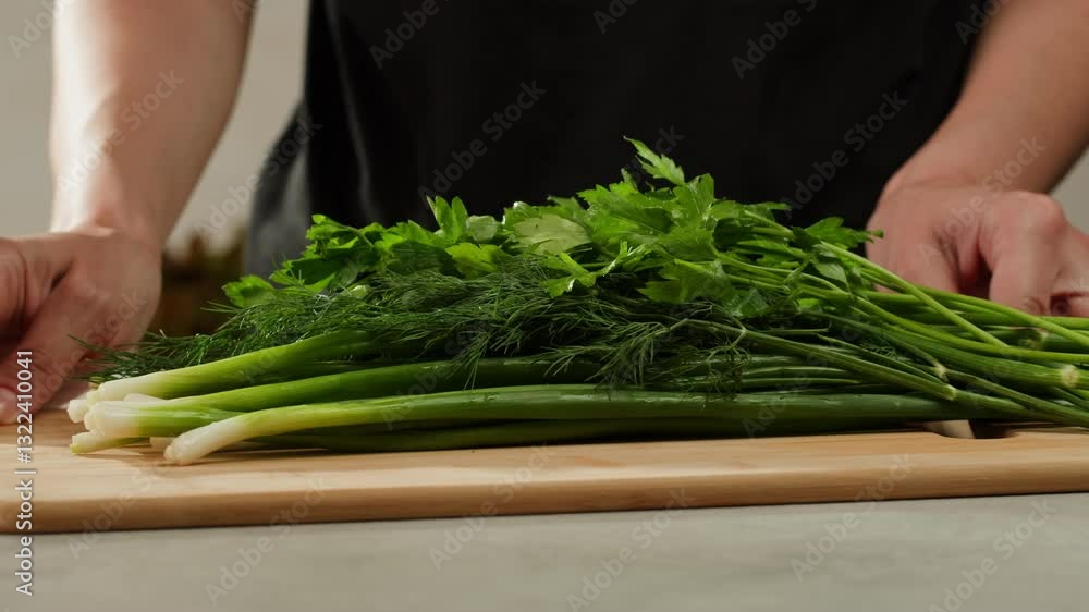 Cutting fresh green onions on a cutting board, close up chef cooking green vegan salad. Cutting fresh green onions on a cutting board, close up chef cooking green vegan salad.
