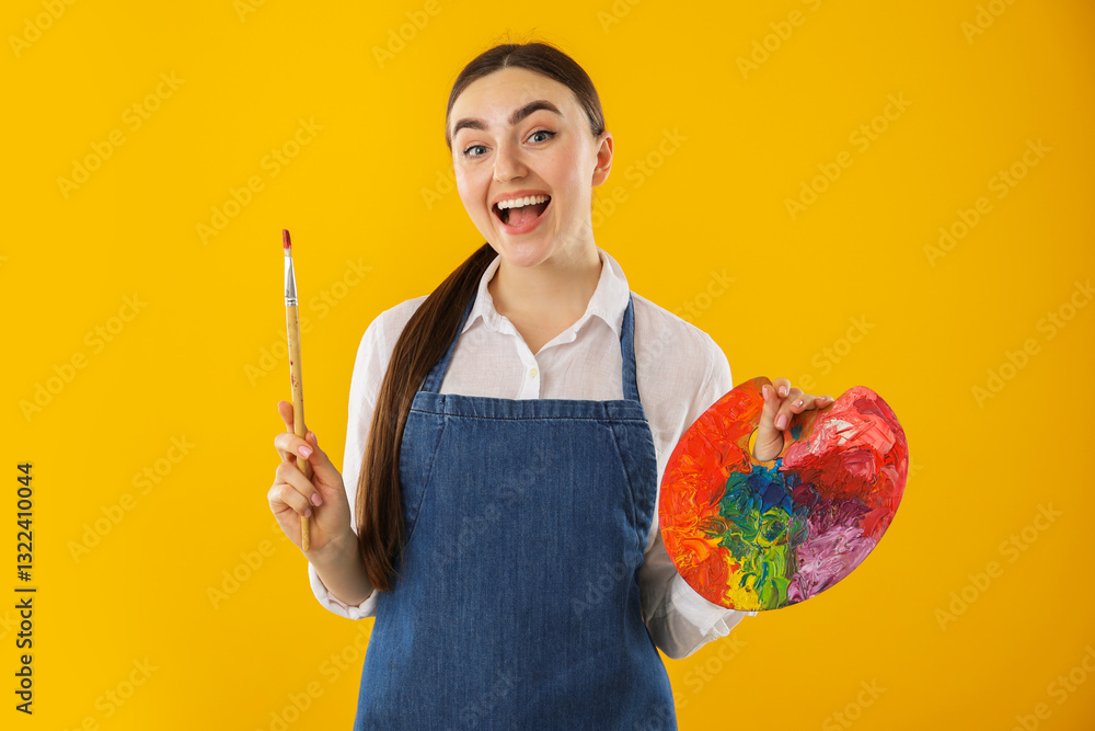 Fototapeta premium Happy woman with palette and paintbrush on orange background