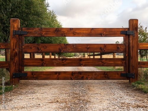 Obraz na płótnie Rustic Gate in Rural Setting: A sturdy wooden gate stands sentinel at the entrance to a rural property, inviting exploration of the countryside. w salonie