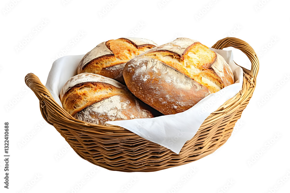 Loaf of crusty bread in a basket on a white background. Loaf of crusty bread in a basket on a white background.