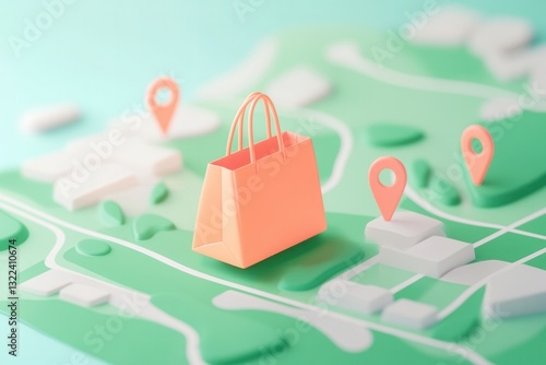 Elegant illustration of a delivery route map featuring a grocery bag icon and location pins in a clean design photo