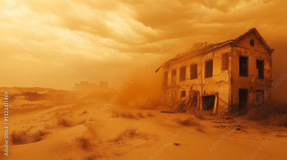 A desolate view of a sandstorm approaching an abandoned building in the desert A desolate view of a sandstorm approaching an abandoned building in the desert