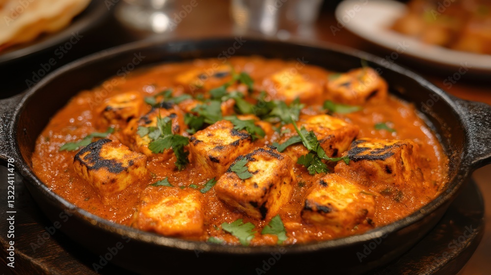 Pan-fried cheese cubes in creamy tomato sauce, garnished with cilantro. Pan-fried cheese cubes in creamy tomato sauce, garnished with cilantro.