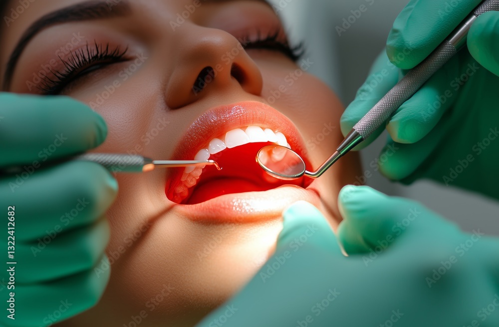 Dental Checkup Close-up: A close-up perspective capturing a woman's mouth during a dental checkup, highlighting the tools and professional expertise.