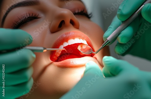 Obraz na płótnie Dental Checkup Close-up: A close-up perspective capturing a woman's mouth during a dental checkup, highlighting the tools and professional expertise. w salonie