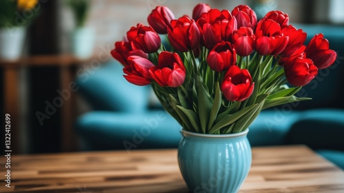 Wallpaper Mural Vase of fresh red tulips on the coffee table with blurred background. Free copy space. Torontodigital.ca