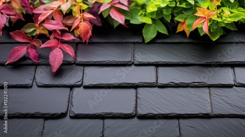 Rooftop Garden: A captivating rooftop garden, a vibrant contrast of colorful foliage artfully arranged atop dark slate roofing tiles.
